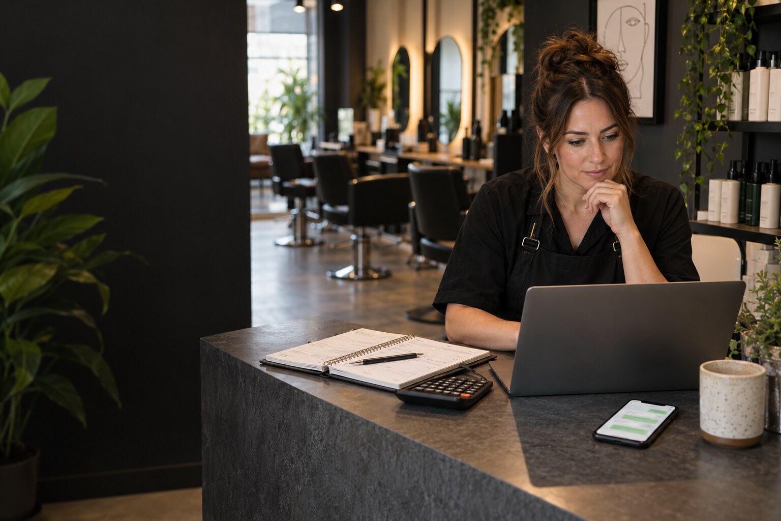 UK salon owner reviewing empty appointment slots and monthly lost revenue